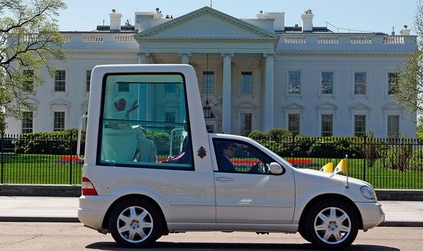 President Bush Welcomes Pope Benedict XVI To White House Pope Benedict XVI waves as he rides in the Popemobile as he departs the White House after meeting with U.S. President George W. Bush, April 16, 2008 in Washington DC. Pope Benedict XVI is celebrating his 81st birthday and on Thursday he will say Mass at the Nationals Baseball stadium. (Photo by Mark Wilson/Getty Images).